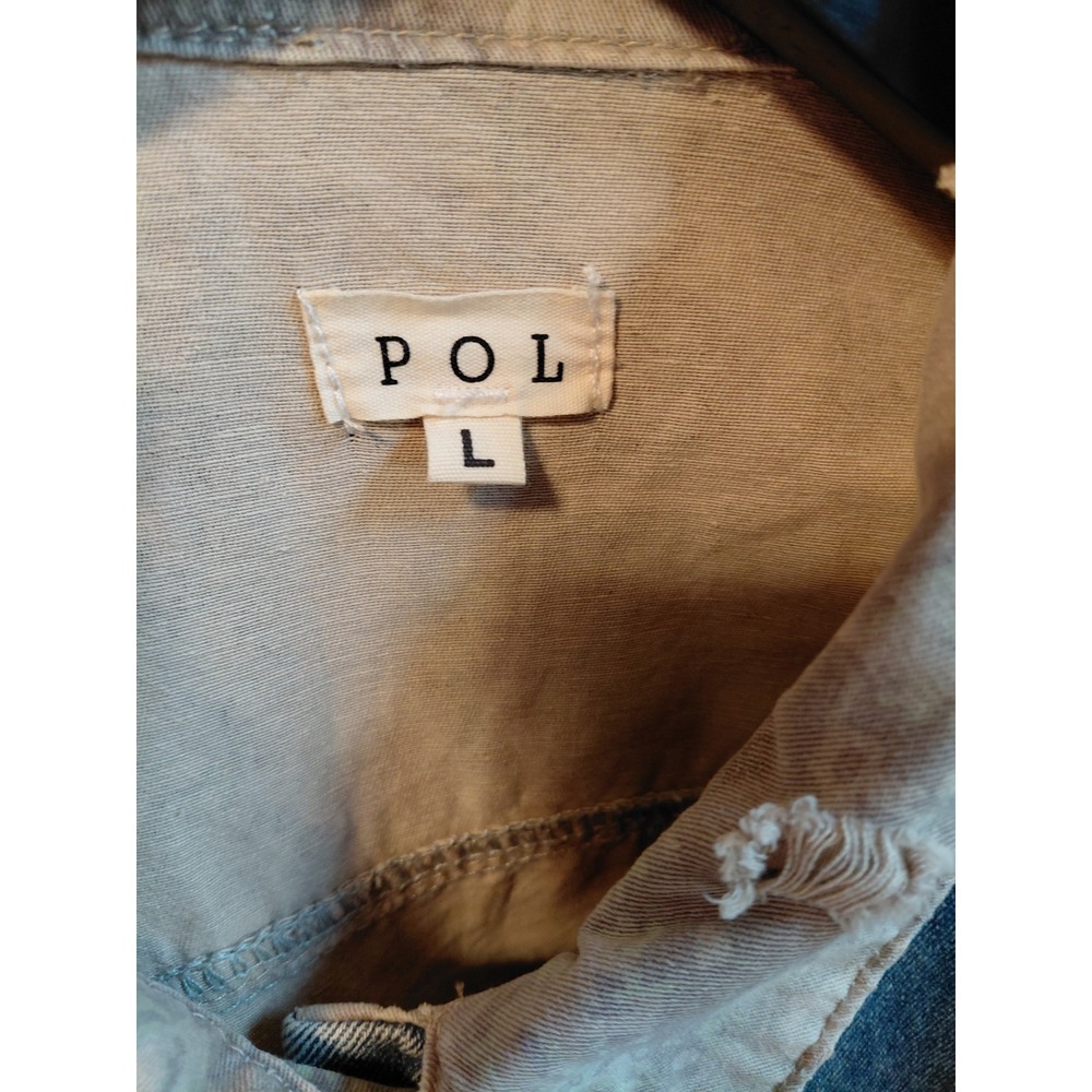 POL Denim Jacket Women Size L Distressed Colorblock Patchwork Blue Tan - Picture 5 of 7